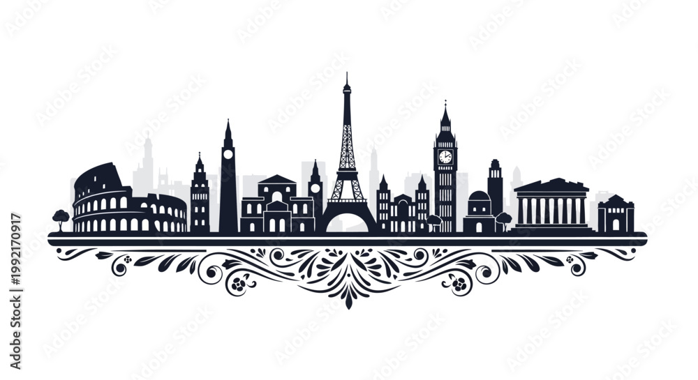 Fototapeta premium City Skyline Silhouette Famous Landmarks.