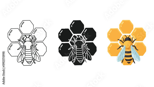 Honey bee on honeycomb vector icon set in styles - Line and glyph solid icon and logo template - Clipart, sticker - icon set