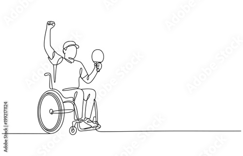 Athlete in wheelchair celebrating victory with ball in hand line art single line wheelchair celebration disabled handicap mobility inclusive competition recreation determination champion