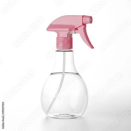 Clear glass spray bottle with pink trigger sprayer isolated on white background