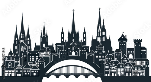 Black silhouette of city skyline buildings.