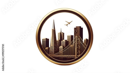 A gold emblem featuring a city skyline with a bridge and an airplane flying overhead