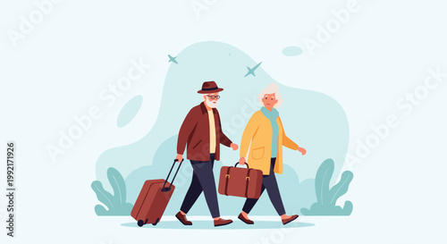 Senior couple walking together with their suitcases and travel bags while going on a vacation trip to enjoy their retirement years.