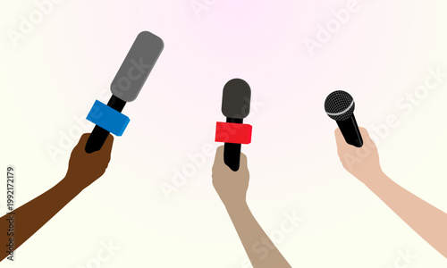 Hands of different skin colors hold microphones, conducting interviews. Gradient background.