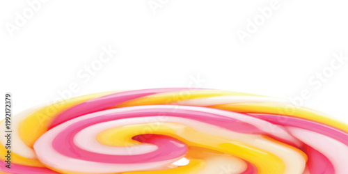 A vibrant vector illustration features a swirling rainbow lollipop design with bright pink and yellow curves against a clean white backdrop