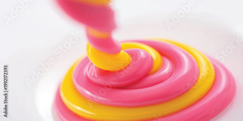 A colorful lollipop sits on a wooden background next to a bright plastic pyramid toy to evoke a sense of childhood fun and play