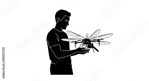 Man holding a futuristic drone inspired by biological insect wings and agility
