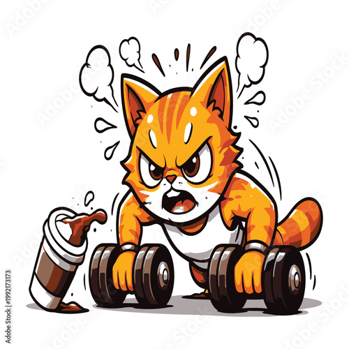 Angry Fitness Cat Lifting Dumbbells with Coffee, Cartoon Mascot Vector Illustration