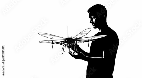 Silhouette of a man holding a dragonfly drone for bionic research and surveillance