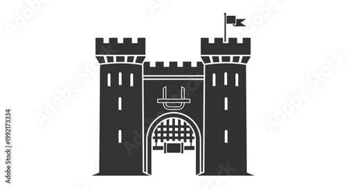 Black and white castle gate illustration.