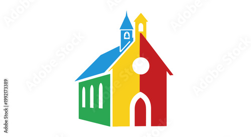 Colorful church building with steeple.