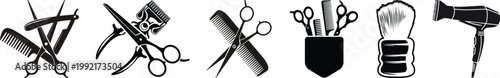 Scissors and hairbrush graphic icon set. Sign crossed scissors and hairbrush isolated on white background. Barbershop symbols.Comb Scissors Dairy Background Icon.Paper scissors with cut lines icon set