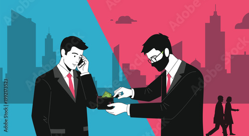 Illustration showing a pickpocket stealing a wallet from a businessman distracted by a phone call in a city street.