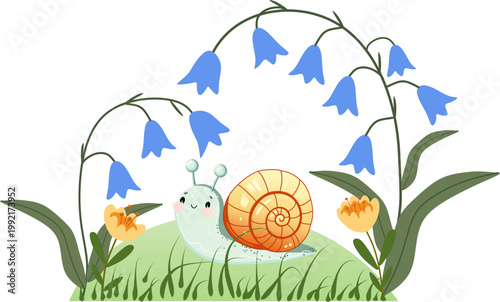 en this adorable vector illustration features a smiling snail with a shell under a canopy of blue bellflowers. perfect for nursery decor children books and greeting cards.