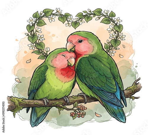 Romantic Peach-Faced Lovebirds Illustration