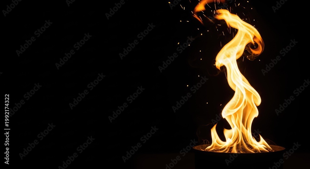 Fototapeta premium Ethereal tongues of golden fire descend from the shadows, illuminating the empty space with a divine glow, flickering sparks, and warm light, symbolic, orange, gold