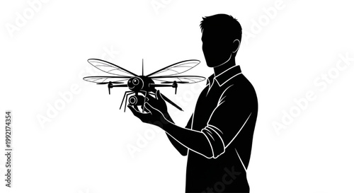 Man holding a futuristic dragonfly inspired drone for advanced surveillance