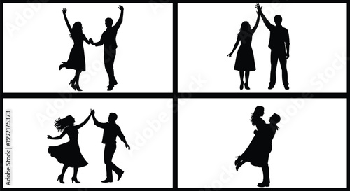 Happy couple silhouettes set, dancing and celebration poses collection, love relationship moments, isolated black figures, romantic lifestyle illustration design bundle