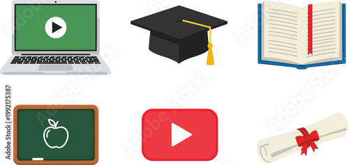 A collection of educational icons depicts learning tools including a laptop graduation cap book and diploma high quality professional detailed modern elegant stylish