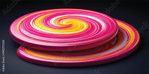 A vibrant abstract wallpaper design features a playful swirl of colorful jelly beans and rainbow lollipops arranged in a circular spiral pattern against a sleek black backdrop filled with light art