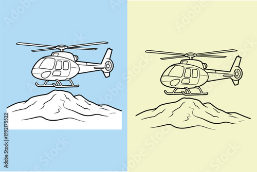 A side by side illustration depicts a helicopter positioned atop a mountainous terrain presented in both blue and yellow color schemes high quality