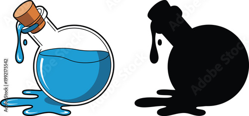 A colorful illustration depicts a glass flask with a cork alongside its stark black silhouette showing a dripping liquid high quality professional detailed