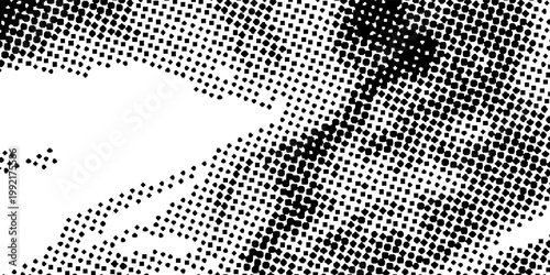 Abstract black and white square halftone background with flowing dotted grid and grunge distortion effect, modern vector design for bold print, digital, and creative projects