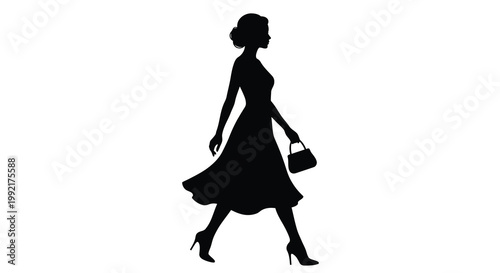 Elegant woman walking with handbag a striking black silhouette