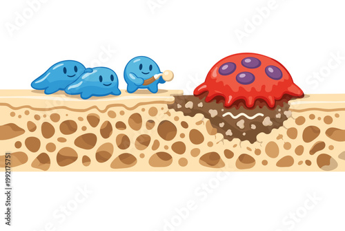 Bone Remodeling Process Illustration with Cute Cartoon Osteoblasts Building New Bone Tissue and a Large Red Osteoclast Removing Old Bone, Spongy Bone Structure, Medical Education Vector Art