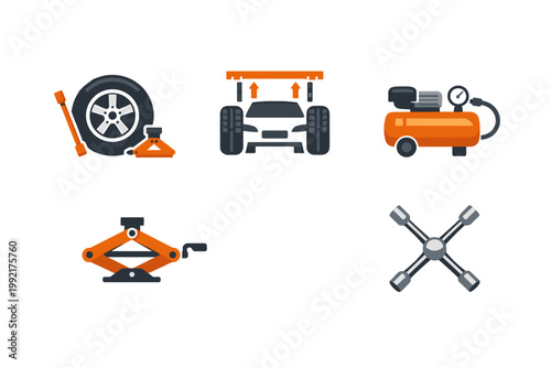 Car Maintenance and Tire Service Vector Icon Set featuring Wheel Alignment, Air Compressor, Scissor Jack, Cross Lug Wrench, and Spare Tire Change Tools for Automotive Repair and Garage Workshop