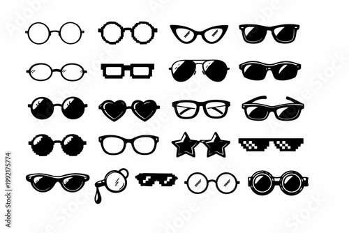 Set of hand-drawn and pixel art eyeglasses and sunglasses icons in black and white, featuring round, square, heart, star, aviator, and cat-eye frames for fashion, web design, and graphic projects.