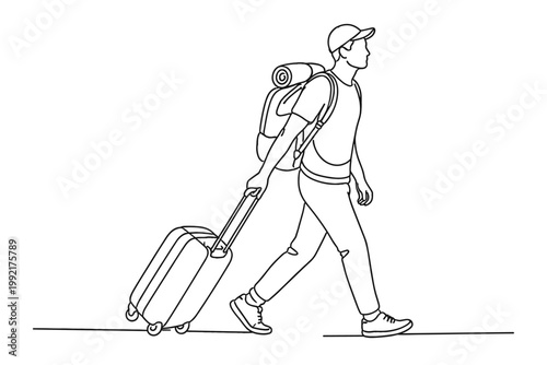 Continuous Line Drawing of a Male Traveler Walking with a Backpack and Pulling a Suitcase Behind Him. Minimalist Vector Illustration of a Tourist on a Journey, Vacation, or Business Trip.