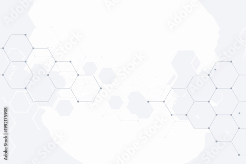 Abstract Molecular Structure Background with Hexagonal Geometric Shapes, Connecting Lines, and Dots. White Vector Design for Science, Technology, Medicine, Research, and Digital Innovation Banner.