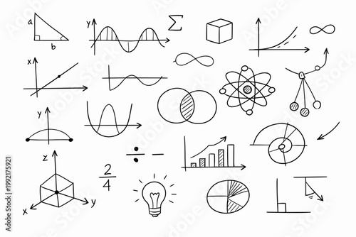 Hand drawn math and science doodles set with formulas, graphs, geometry shapes, and physics symbols. Educational vector illustration for mathematics, algebra, calculus, and engineering concepts.