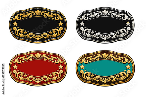 Ornate vintage western cowboy belt buckle medal and typographic emblem label design set with gold silver filigree scrolls and stars for classic old west trophy award vector illustration.