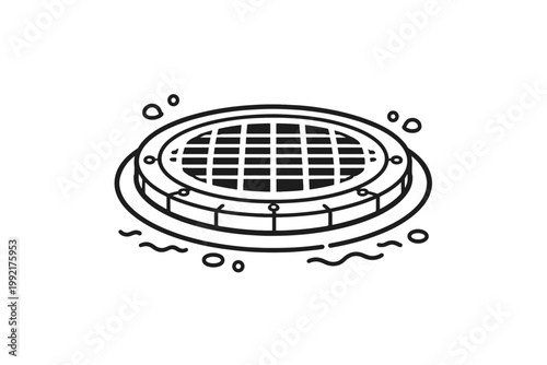 Round metal manhole cover or drain grate line art icon for wastewater and utility infrastructure. Simple flat vector illustration of a sewer lid on a street surface with water ripples and bubbles.
