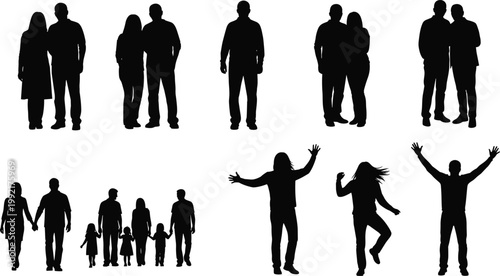People and family silhouettes set, standing couples and happy poses collection, lifestyle relationship concept, isolated black figures, illustration design bundle
