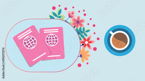 Passport office with documents, flowers and a cup of coffee, desk of the migration service operator.