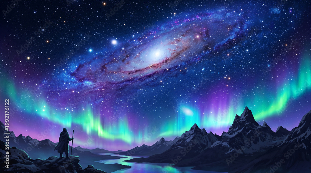 Fototapeta premium Fantasy Mountain Landscape with Vibrant Northern Lights and Galaxy Sky