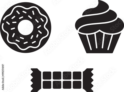 Donut, cupcake, and chocolate bar flat illustration icons with dark chocolate, white chocolate