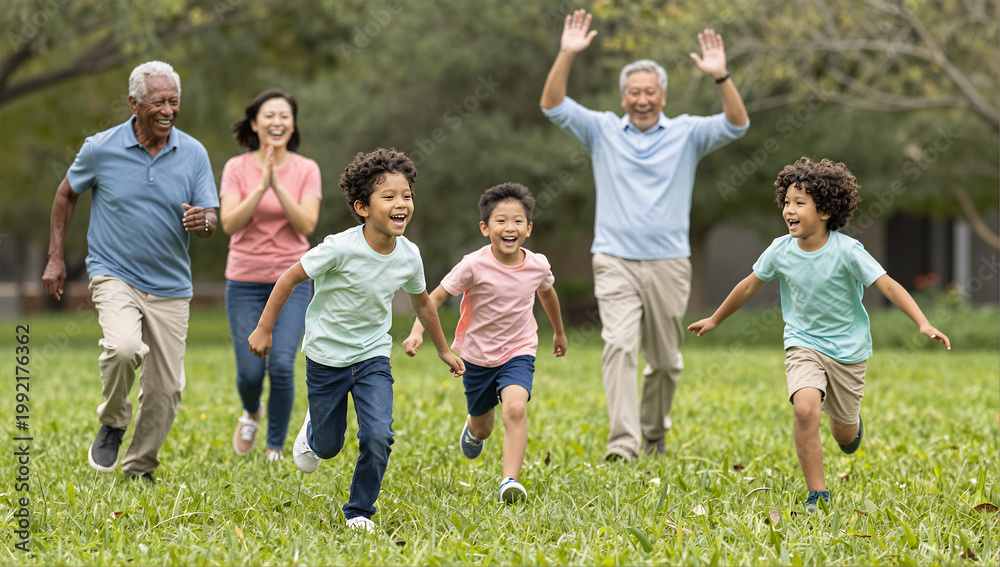 Obraz premium Playful Multigenerational Family Interaction and Fun on Green Lawn