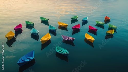 Small paper boats painted in rainbow colors floating on calm reflective water, soft morning mist, aerial top-down view, metaphor for diversity and freedom