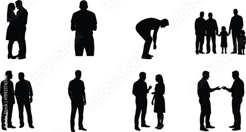 People and family silhouettes set, standing talking and romantic couple poses, lifestyle relationship concept, isolated black figures, illustration design bundle