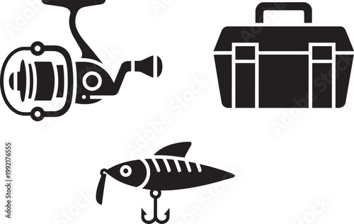 Fishing reel, tackle box, and lure icon illustration with black silhouette with fishing equipment