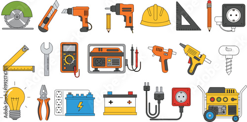 Electrical Tools and Equipment Vector Set with Drill Multimeter Generator Wiring and Construction Hardware Illustration Collection
