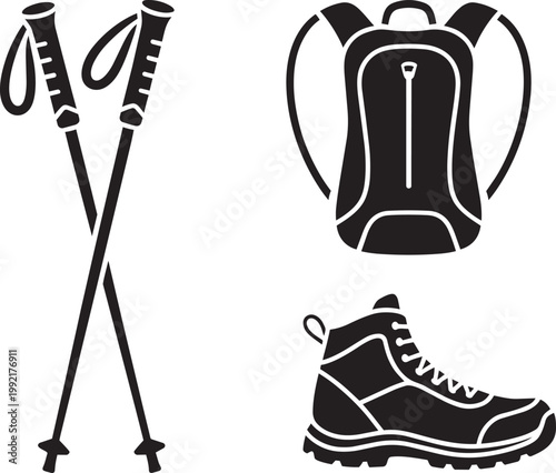 Hiking Gear Collection: Backpack, Boots, and Trekking Poles Illustration with hiking boot, crossed