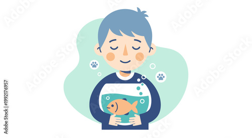 Boy holding a fishbowl with a goldfish inside, eyes closed.