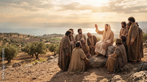 Jesus teaching his disciples on a hillside. Biblical scene of a prophet preaching at the sea of Galilee. Religious concept for christianity, spirituality, faith and church events.