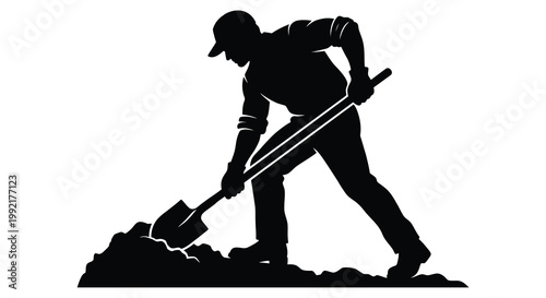 A worker digging with a shovel against a white background silhouette