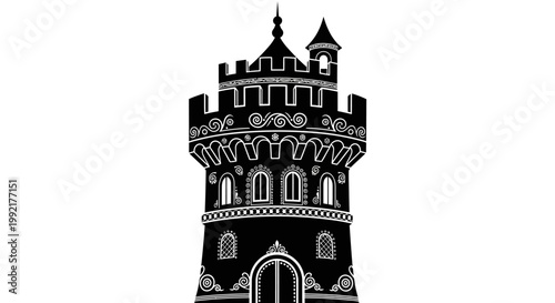 Black and white castle tower illustration.